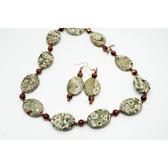 Green Jasper chunky natural stone necklace beaded Set with Earrings demi-parure - Picture 1 of 8